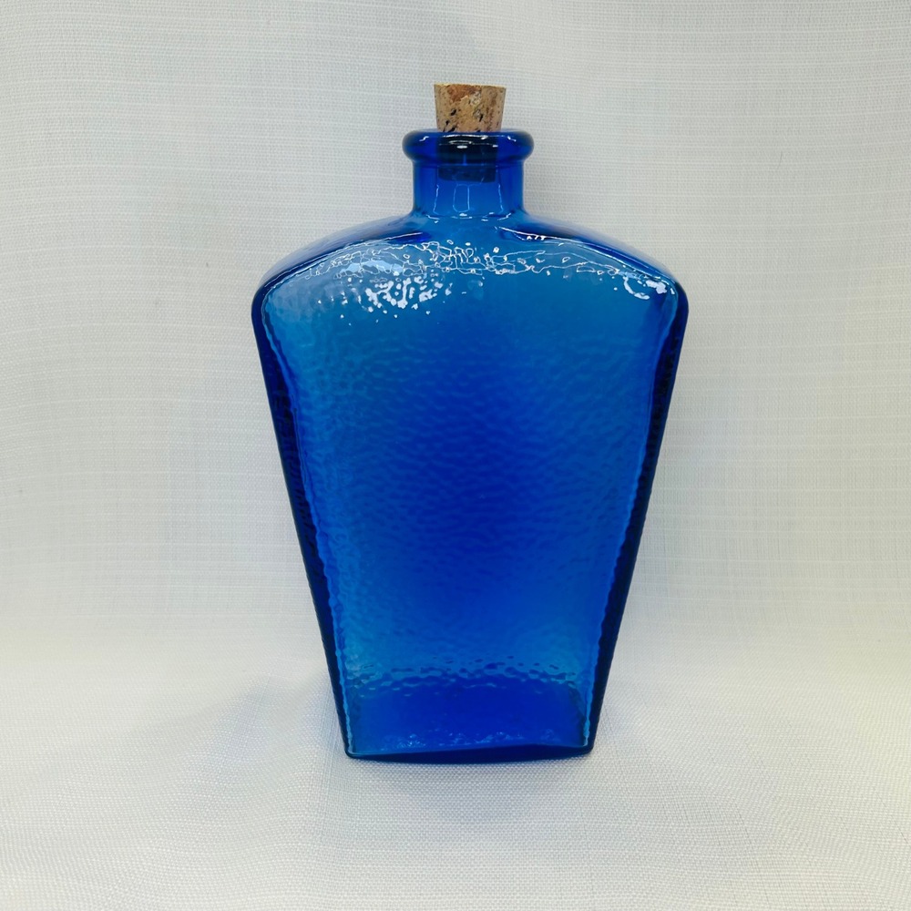 Vintage Libbey Canada Cobalt Blue Glass Pebbled Decanter Flask 8.5" Cork Bottle